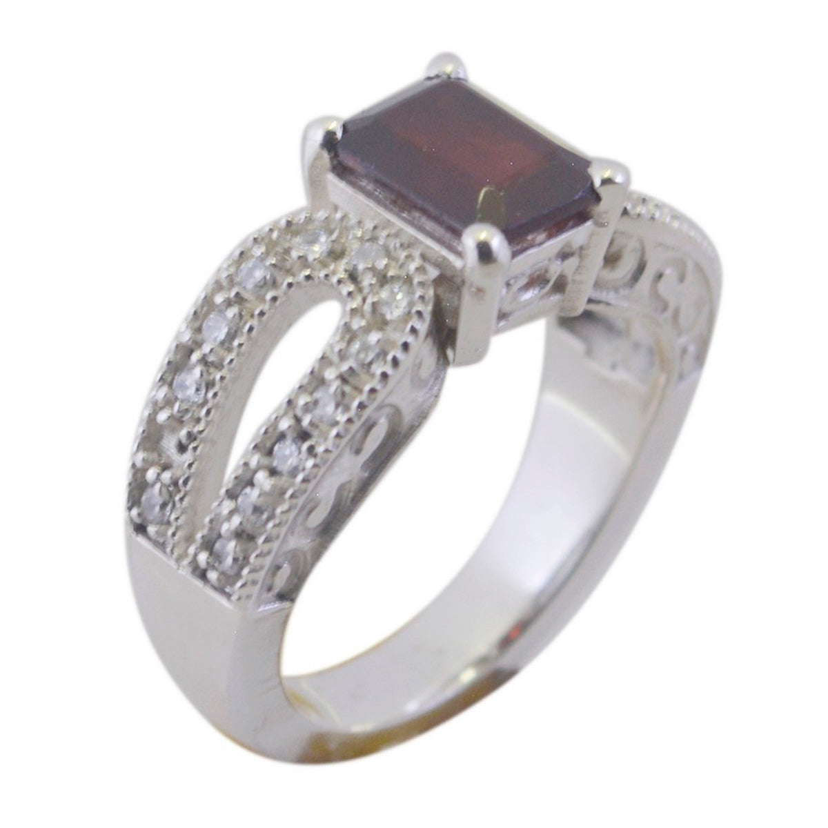 Bague contemporaine polyvalente en argent sterling 925 avec halo de grenat et pierre précieuse rouge Image secondaire du produit