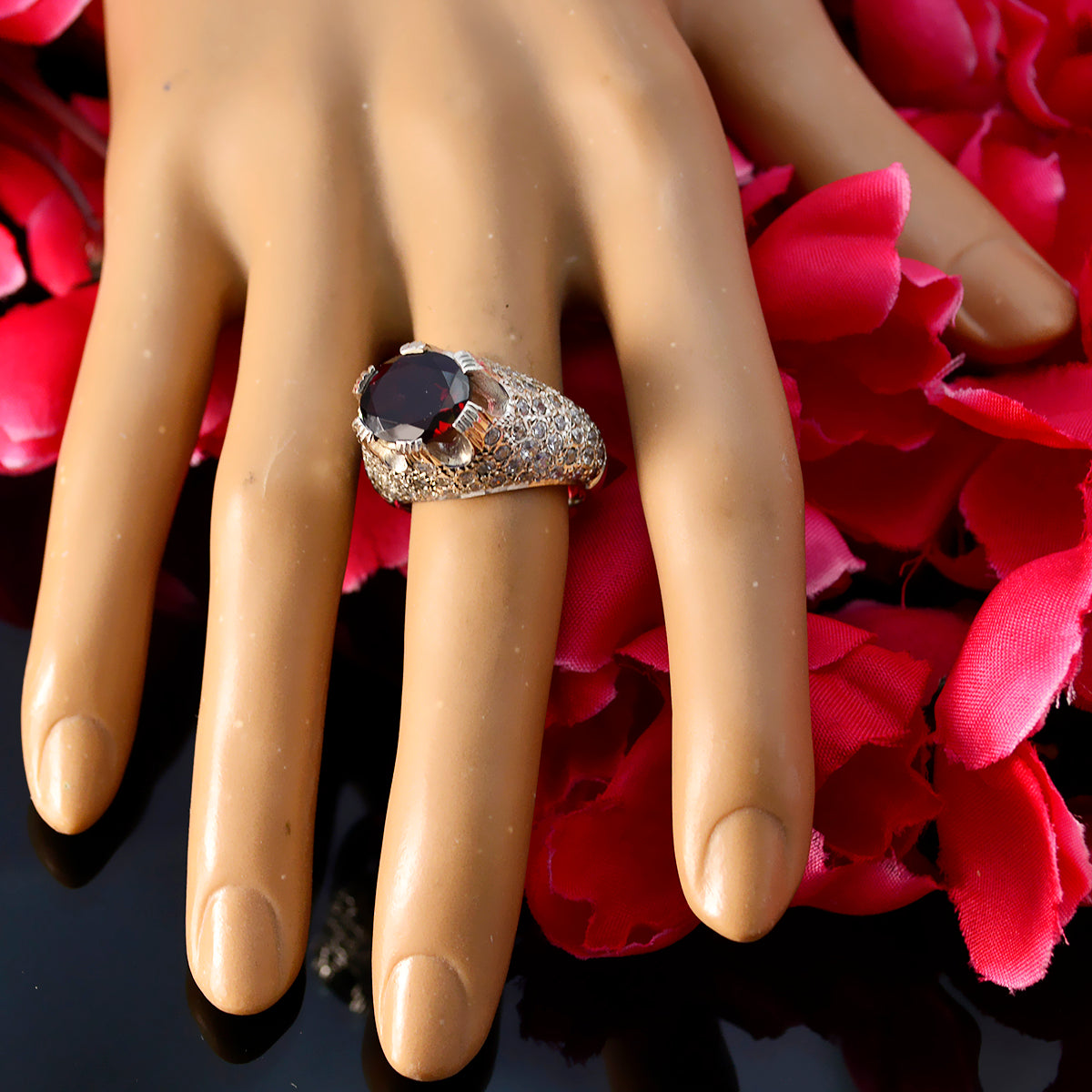 Garnet Halo French 92.5 Silver Red Gems Edgy Contemporary Ring Jewellery