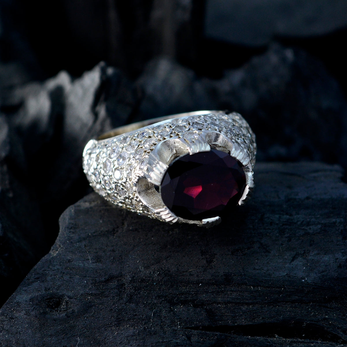 Garnet Halo French 92.5 Silver Red Gems Edgy Contemporary Ring Jewellery