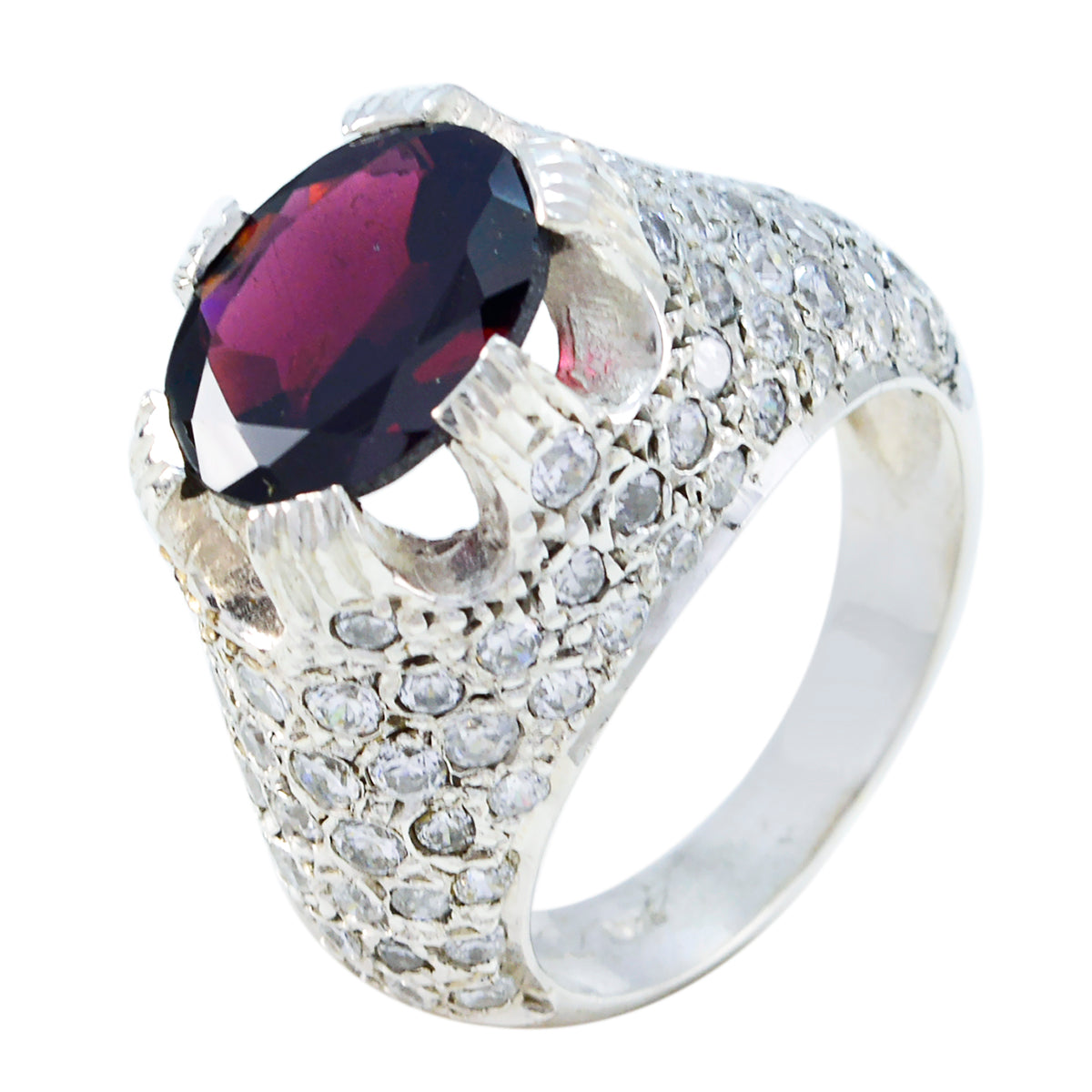 Garnet Halo French 92.5 Silver Red Gems Edgy Contemporary Ring Jewellery