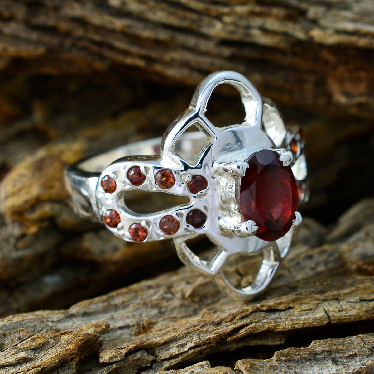 Garnet Halo Indian 92.5 Silver Red Gemstones Mid weight Trendy Ring Jewellery