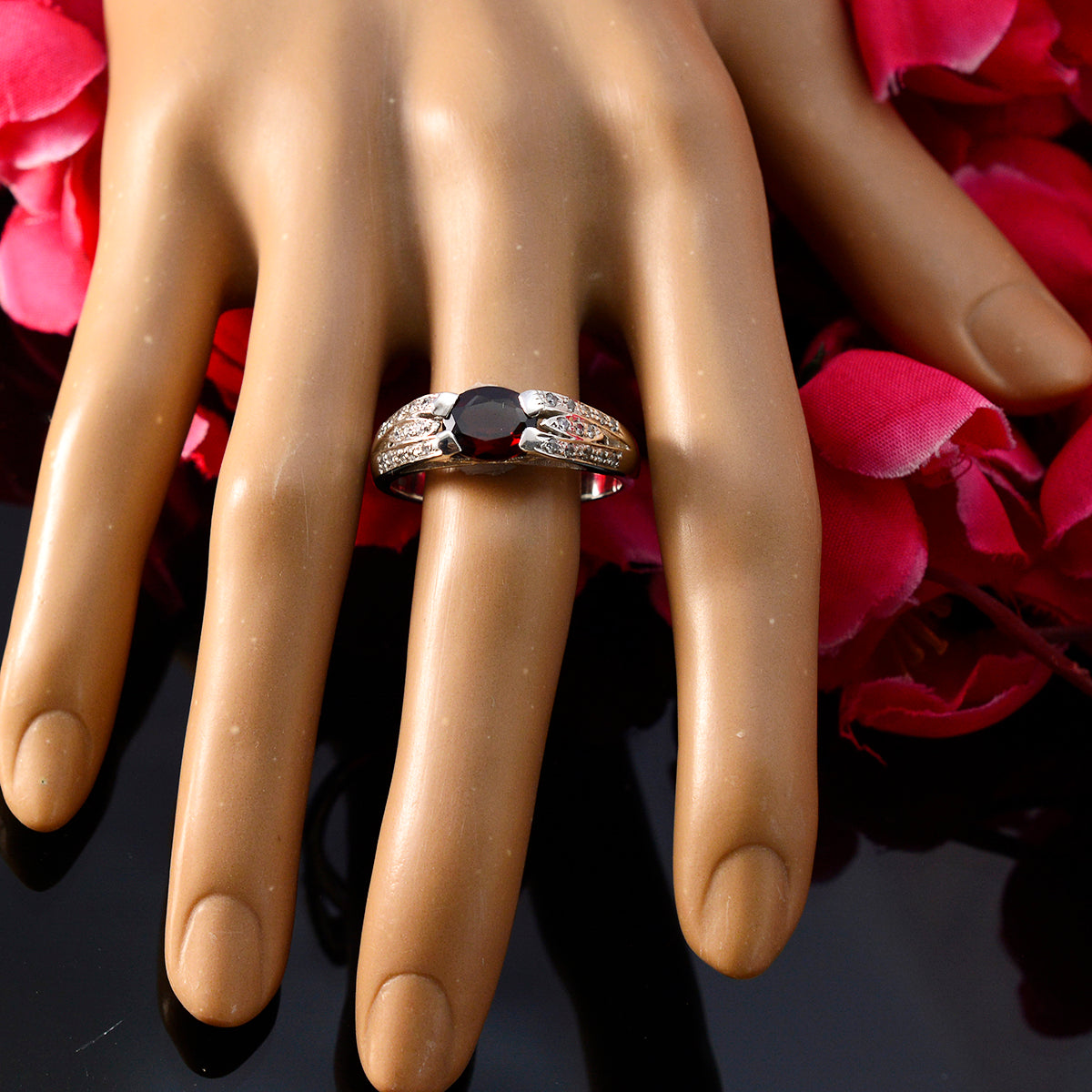 Garnet Halo Egyptian 925 Silver Red Gems Classic Artisan Ring Jewellery