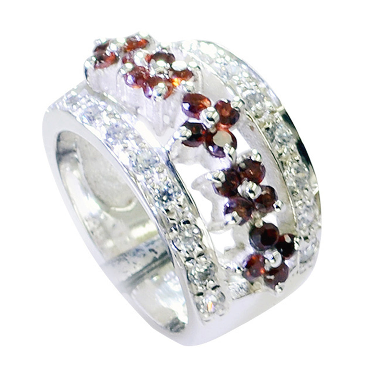 Garnet Halo French Silver Red Gemstones Statement Retro Ring Jewelry