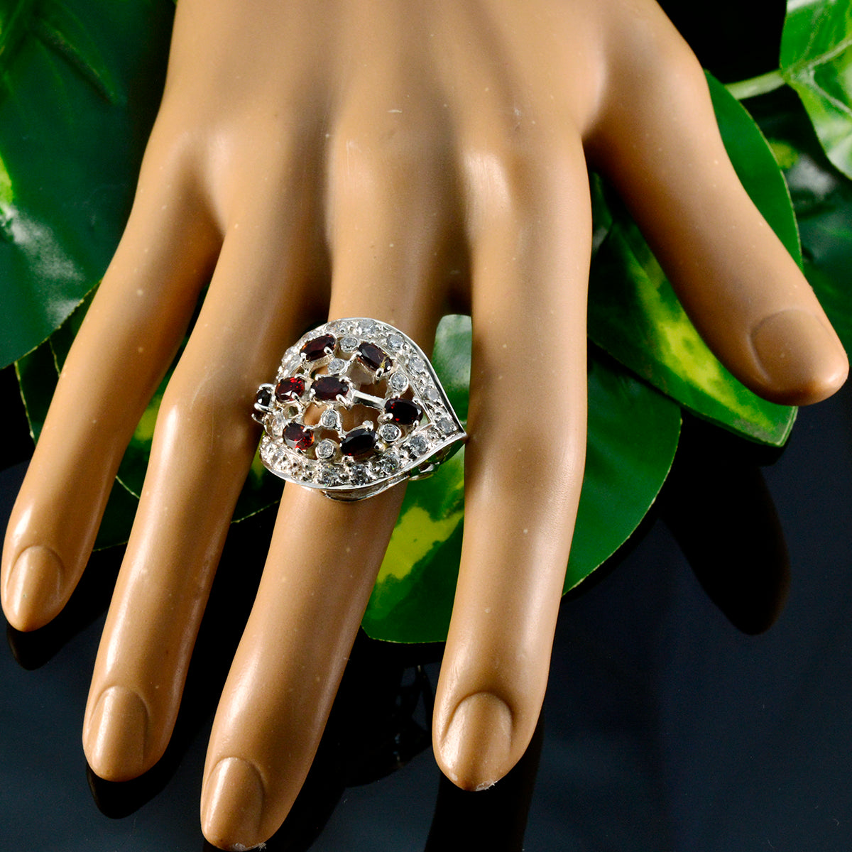 Garnet multiple African Silver Red Gemstone Versatile Abstract Ring Jewelry