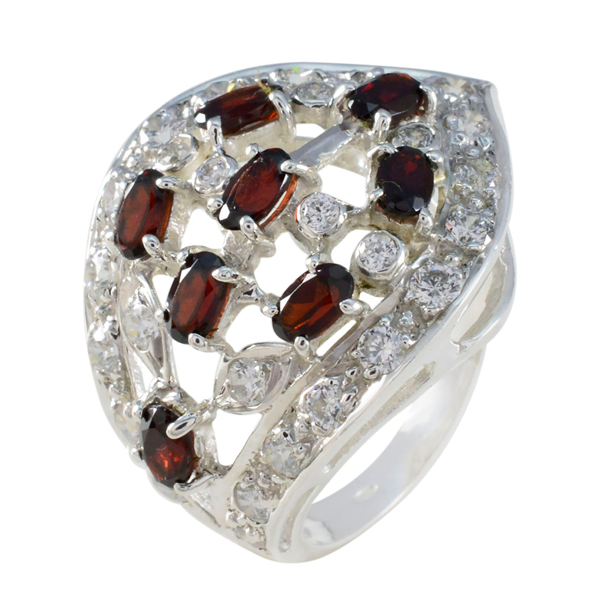 Anillo abstracto versátil con piedras preciosas africanas de color rojo plateado y granate múltiple Imagen secundaria del producto