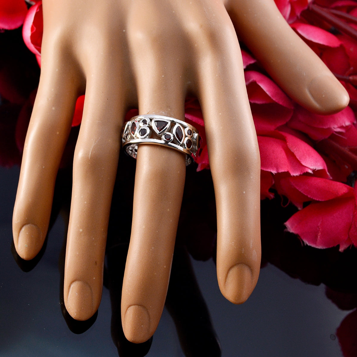 Garnet multiple Egyptian Sterling Silver Red Gems Versatile Eternity Band Jewelry