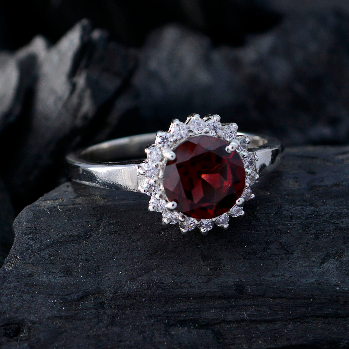 Garnet Halo Russian Silver Red Gemstones Slim Fairytale Ring Jewelry