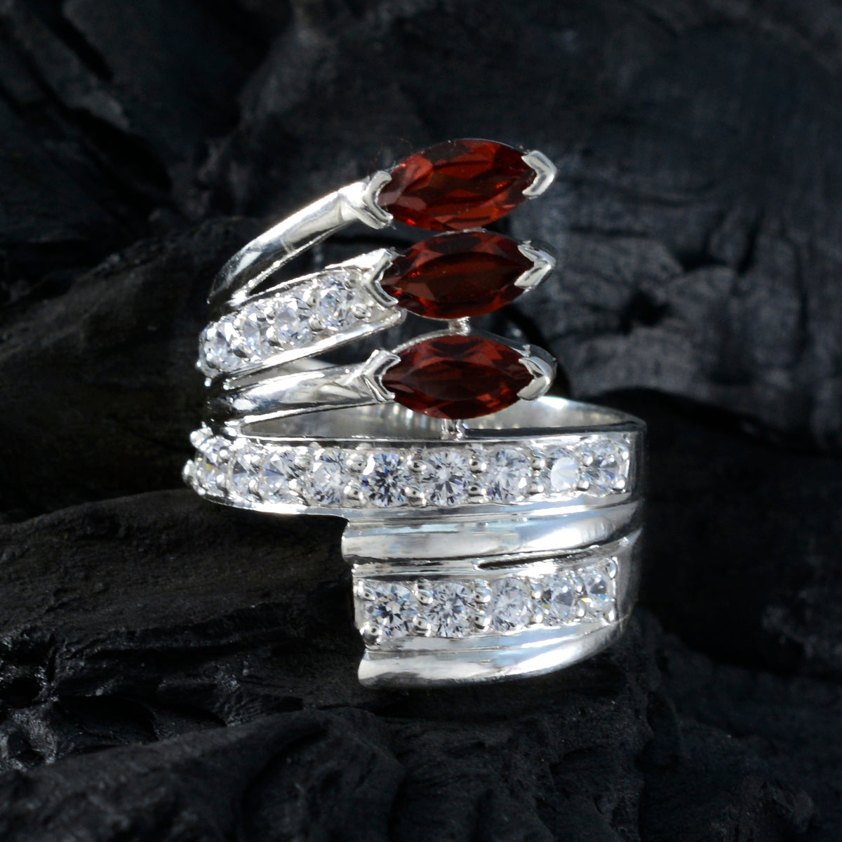 Garnet Halo German 925 Silver Red Gems Chunky Ethnic Ring Jewellery