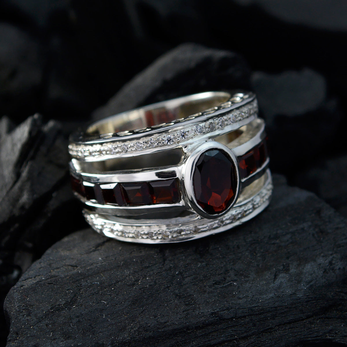 Garnet Halo French 925 Silver Red Gems Edgy Modern Ring Jewellery