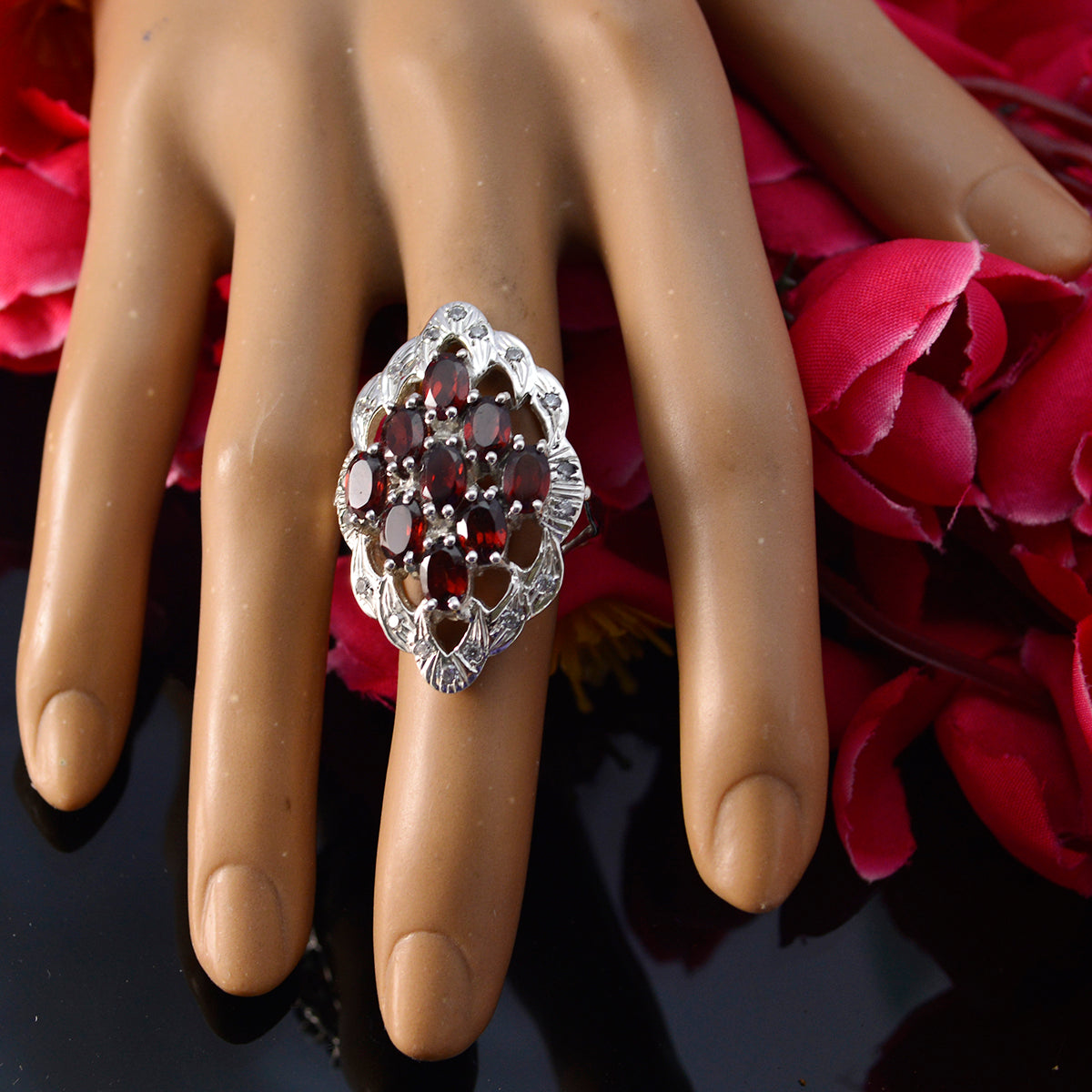 Garnet multiple French Silver Red Gems Statement Armor Ring Jewelry