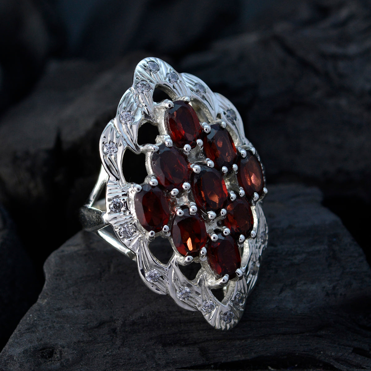 Garnet multiple French Silver Red Gems Statement Armor Ring Jewelry