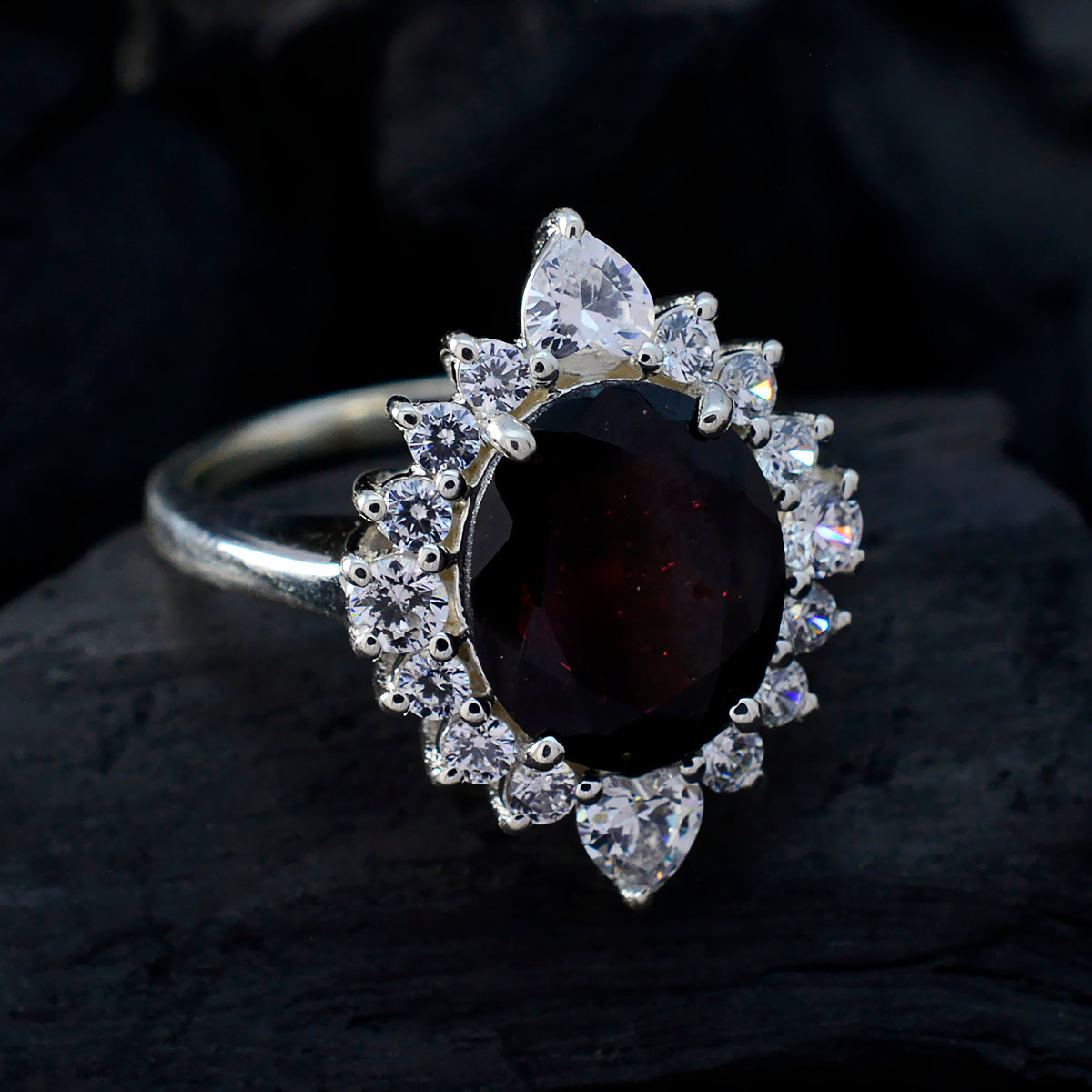 Garnet Halo Indian 92.5 Silver Red Gems Eye catching Contemporary Ring Jewellery