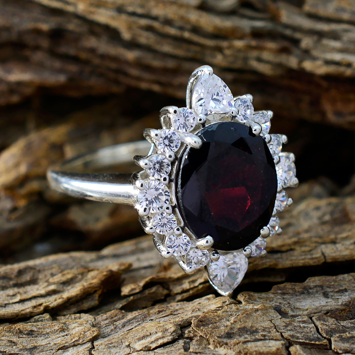 Garnet Halo Indian 92.5 Silver Red Gems Eye catching Contemporary Ring Jewellery