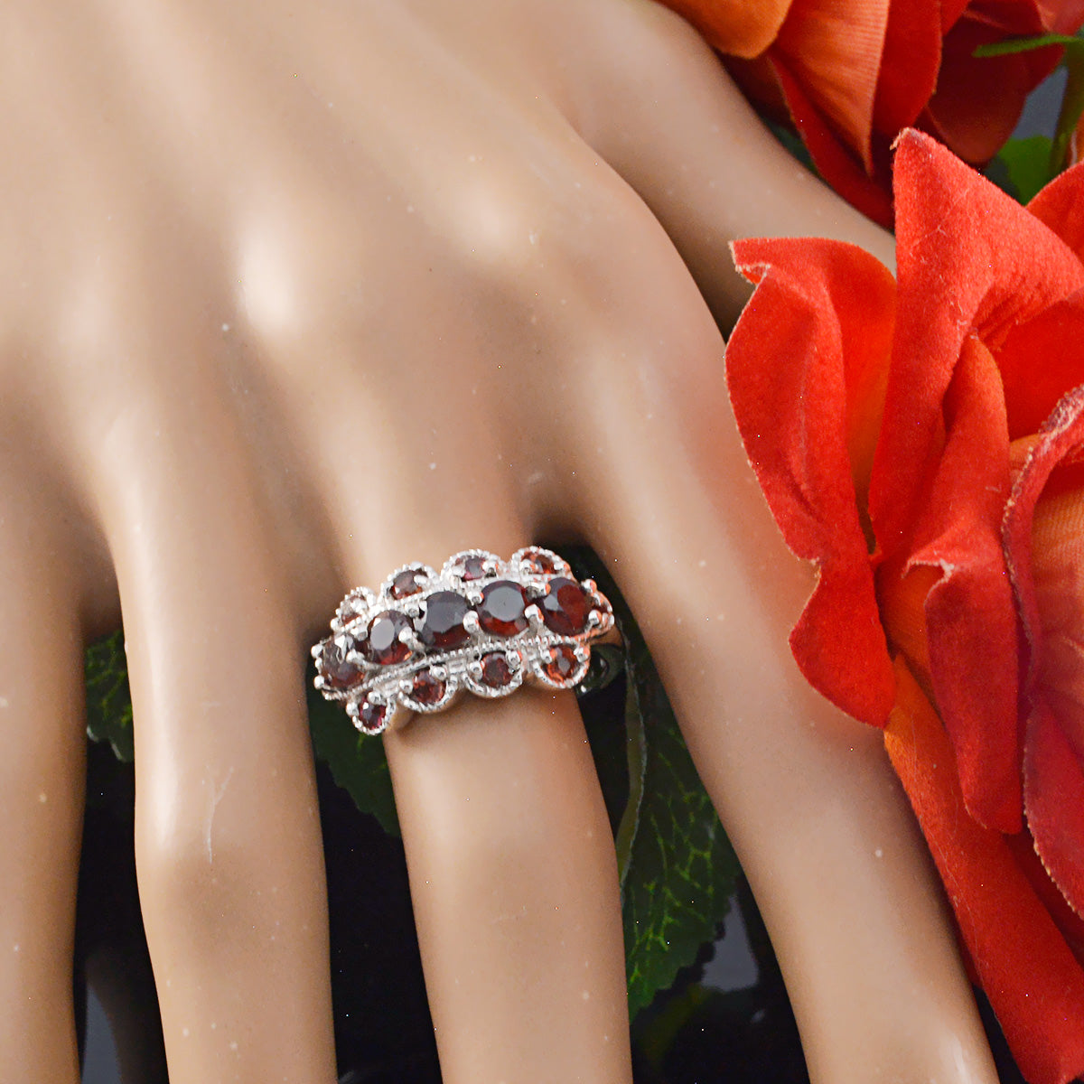 Garnet multiple French 925 Silver Red Gems Slim Fairytale Ring Jewellery