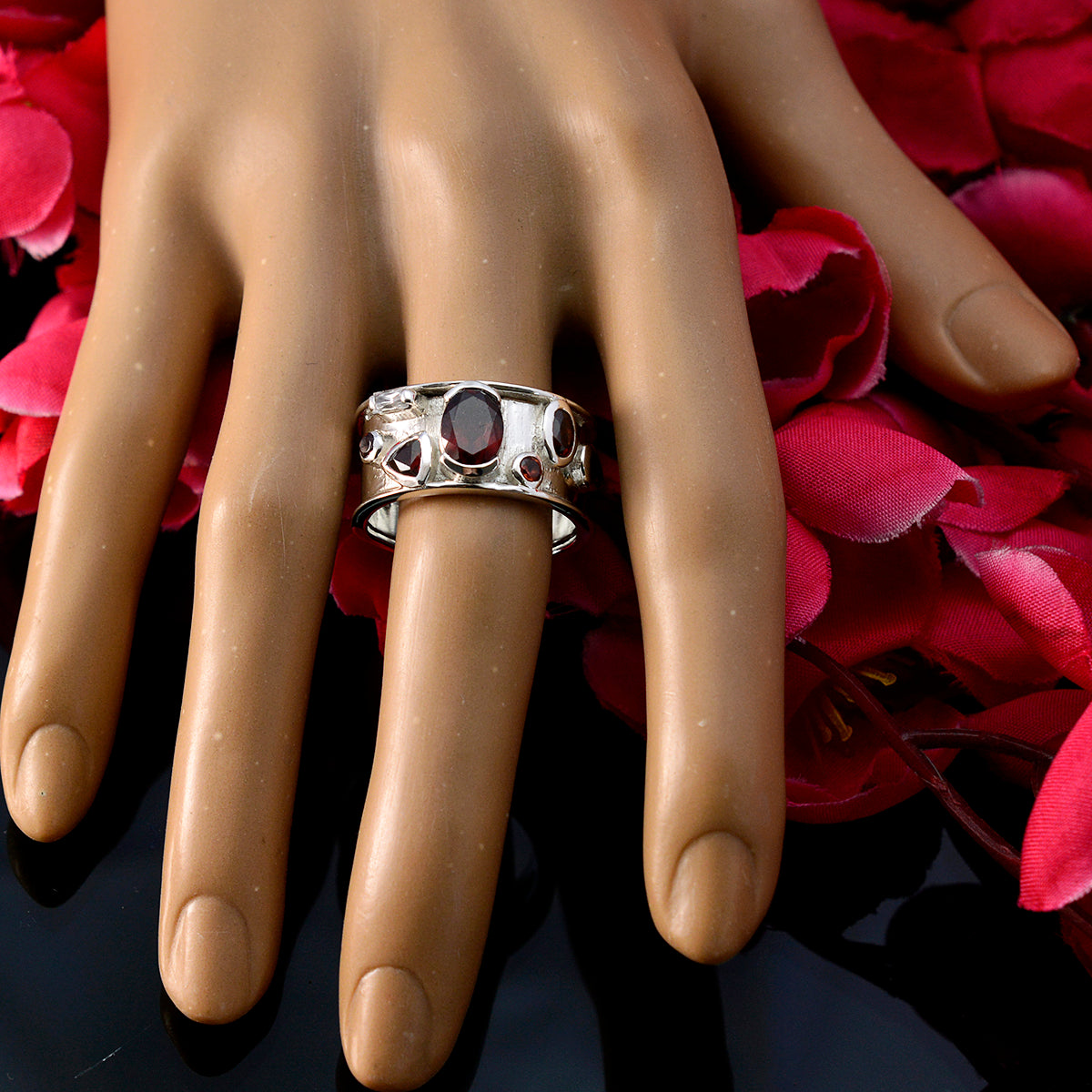 Garnet multiple German 925 Sterling Silver Red Gemstone Versatile Bubble Band Jewellery