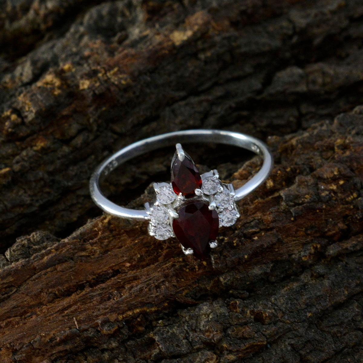 Garnet Toi et Moi American Sterling Silver Red Gems Elegant  Trendy Ring Jewellery