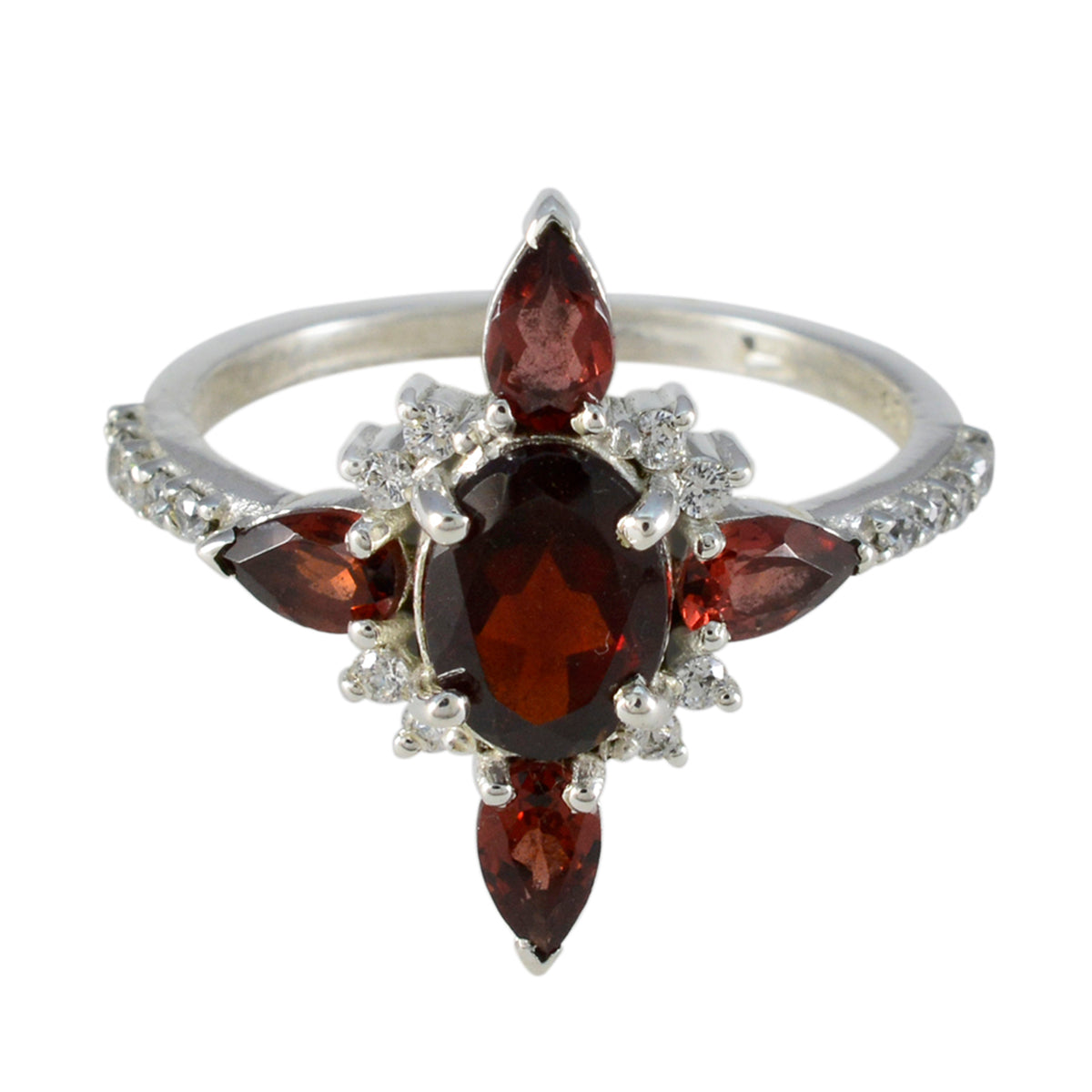 Garnet Penta Egyptian 925 Silver Red Gemstones Featherlight Fairytale Ring Jewelry