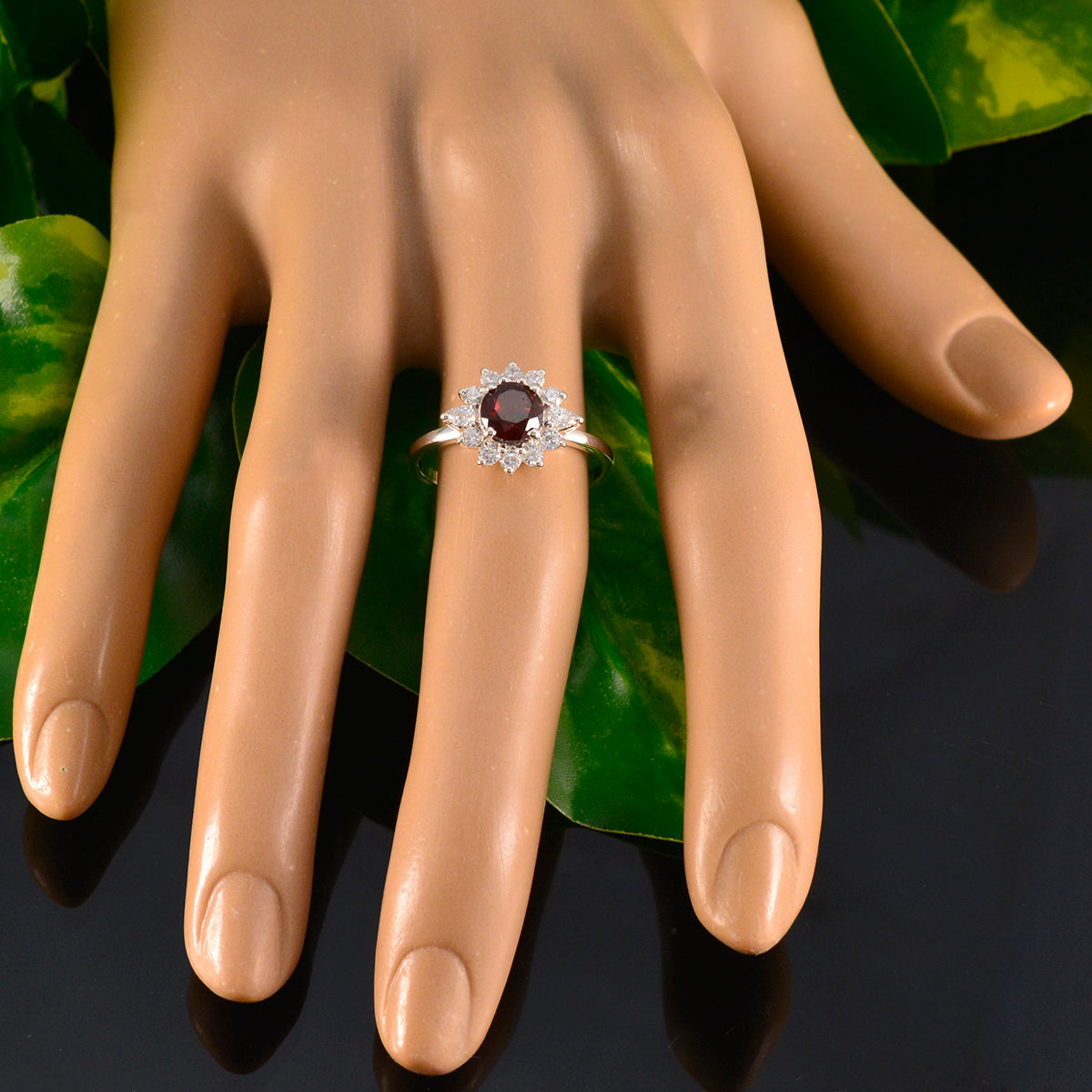 Garnet Halo Turkish Silver Red Gemstones Delicate Modern Ring Jewelry