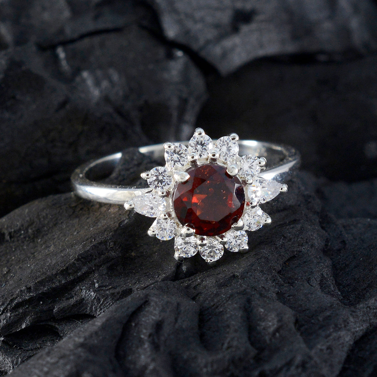 Garnet Halo Turkish Silver Red Gemstones Delicate Modern Ring Jewelry