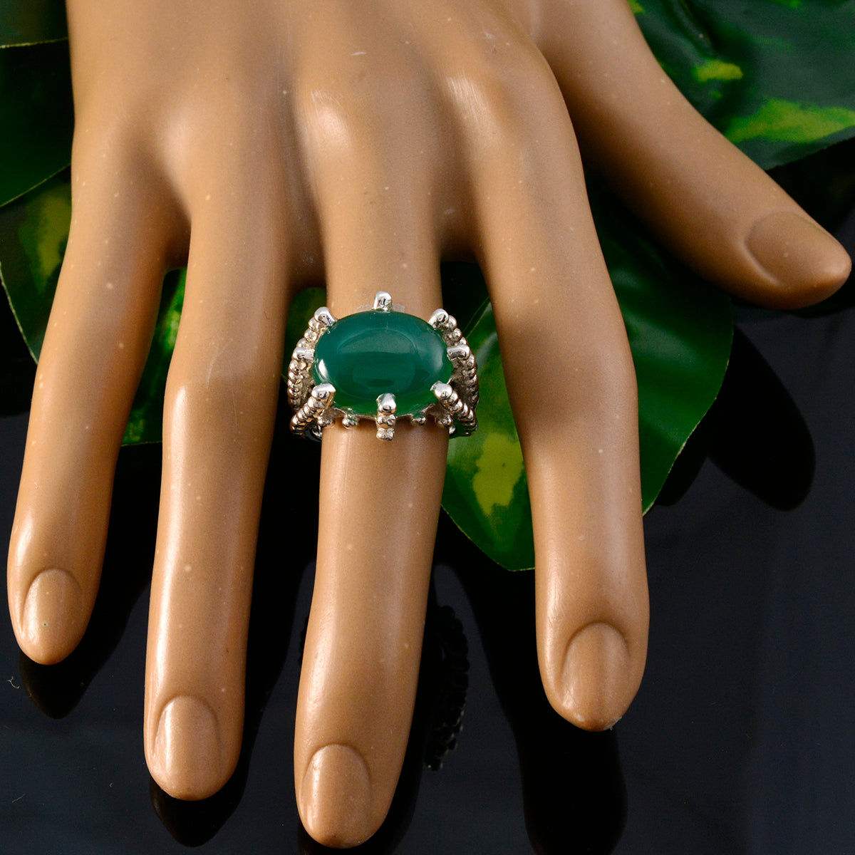 Green Onyx Solitaire German Sterling Silver Green Gemstone Statement Signet Ring Jewelry
