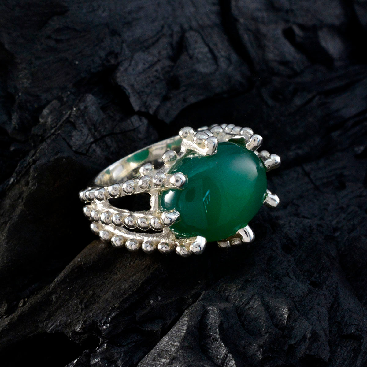 Green Onyx Solitaire German Sterling Silver Green Gemstone Statement Signet Ring Jewelry