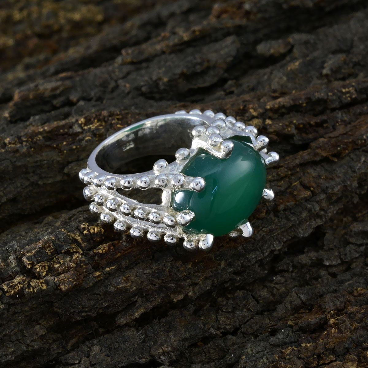 Green Onyx Solitaire German Sterling Silver Green Gemstone Statement Signet Ring Jewelry