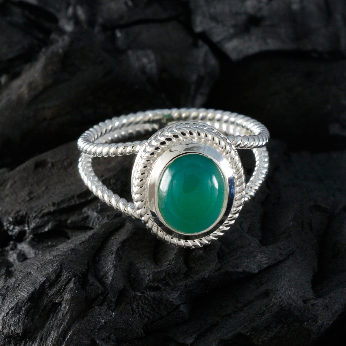 Green Onyx Solitaire Australian 925 Silver Green Gemstones Classic Rope Wire Ring Jewelry