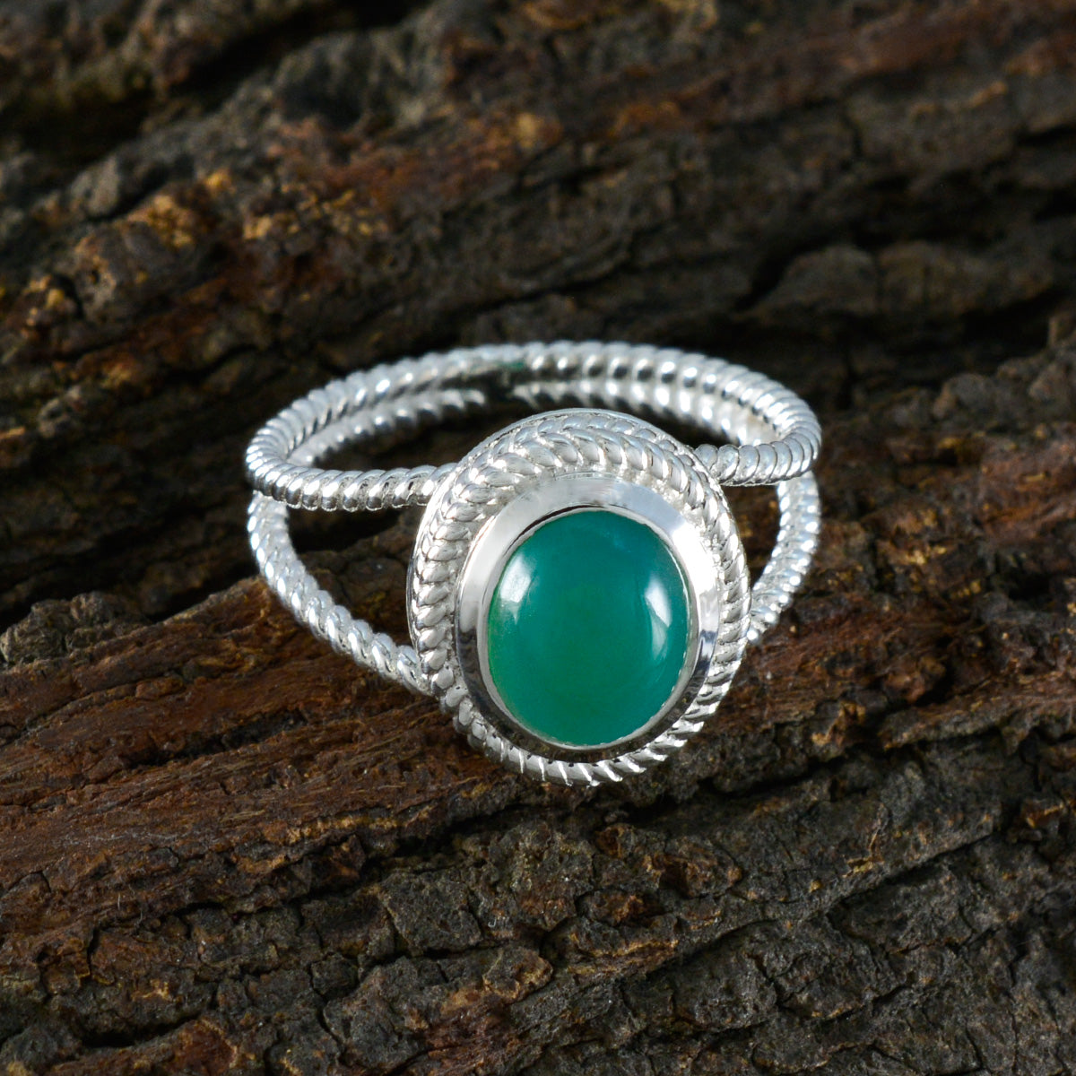 Green Onyx Solitaire Australian 925 Silver Green Gemstones Classic Rope Wire Ring Jewelry