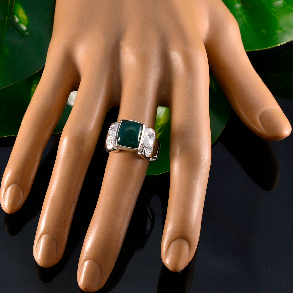 Green Onyx Solitaire Russian 925 Sterling Silver Green Gems Versatile Trendy Ring Jewelry