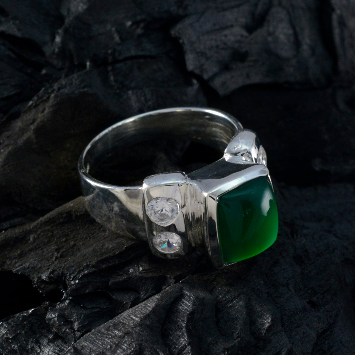 Green Onyx Solitaire Russian 925 Sterling Silver Green Gems Versatile Trendy Ring Jewelry