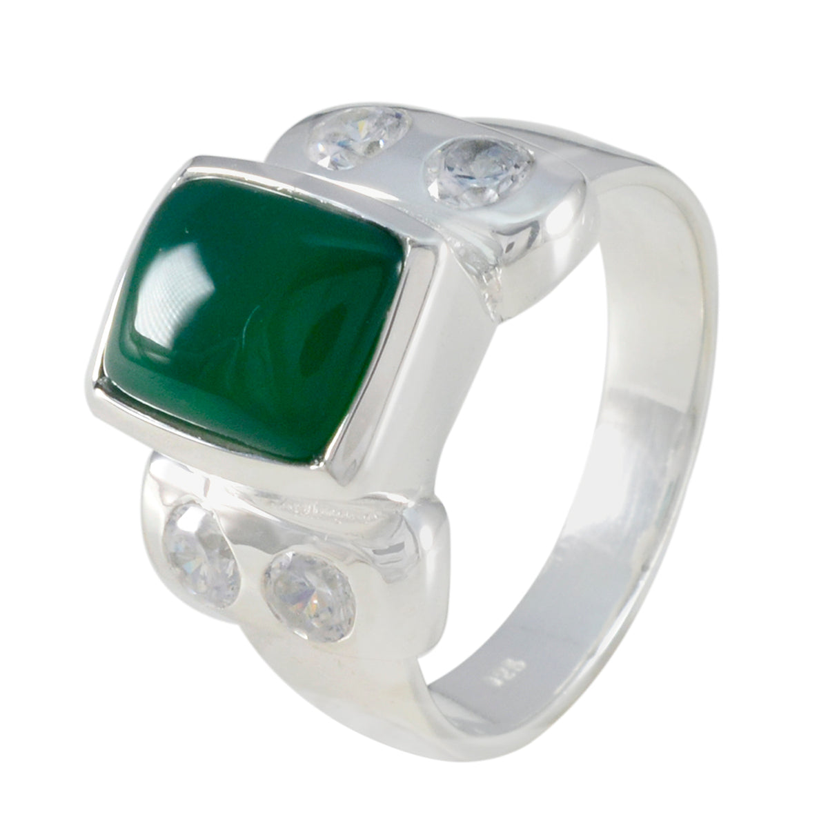 Anello versatile alla moda con solitario in onice verde, argento sterling 925 russo e gemme verdi. Immagine secondaria del prodotto