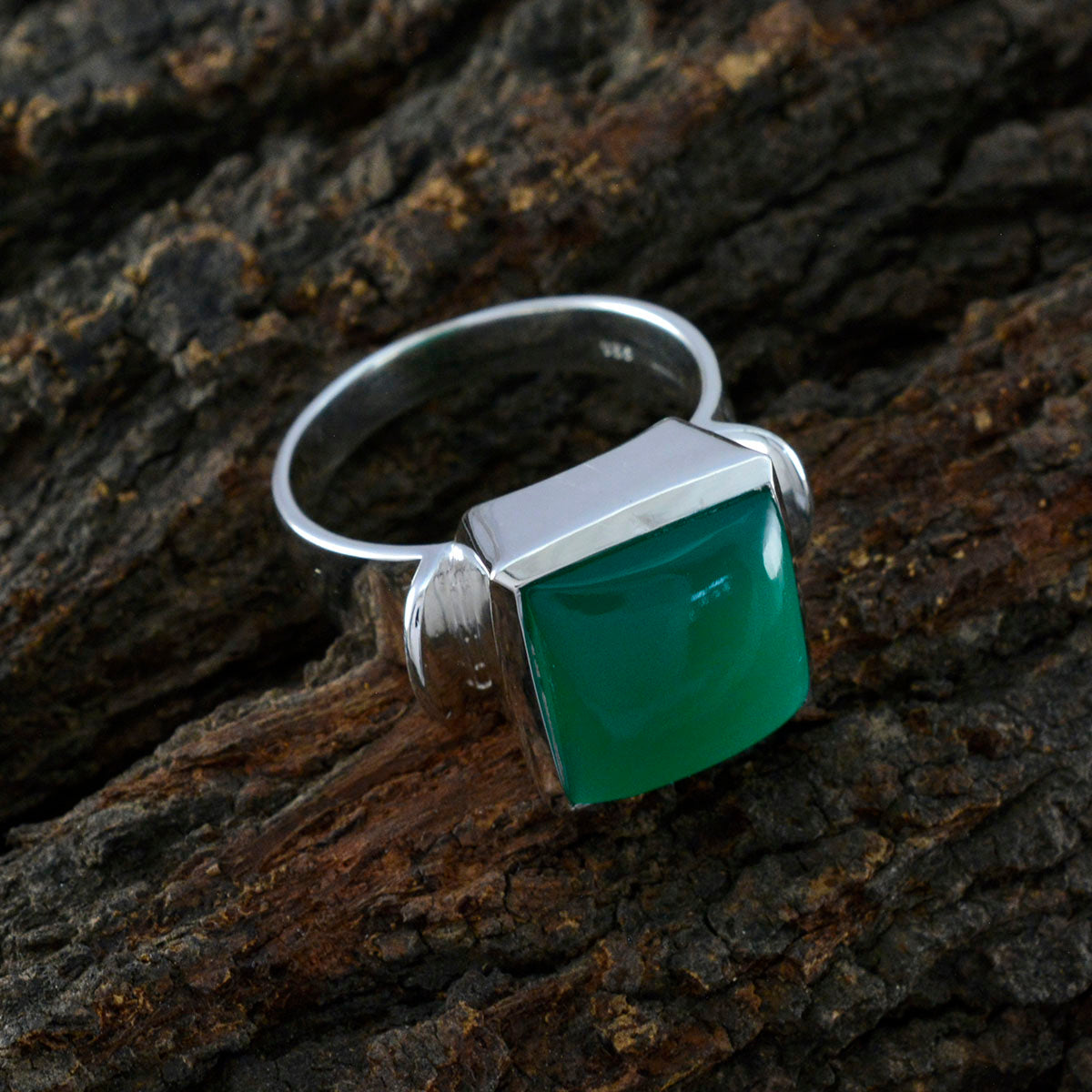 Grüner Onyx Solitär Französisches Sterlingsilber Grüne Edelsteine Essentieller moderner Ringschmuck