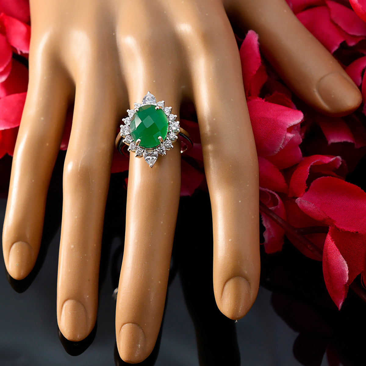 Green Onyx Halo African 925 Sterling Silver Green Gemstone Eye catching Abstract Ring Jewelry