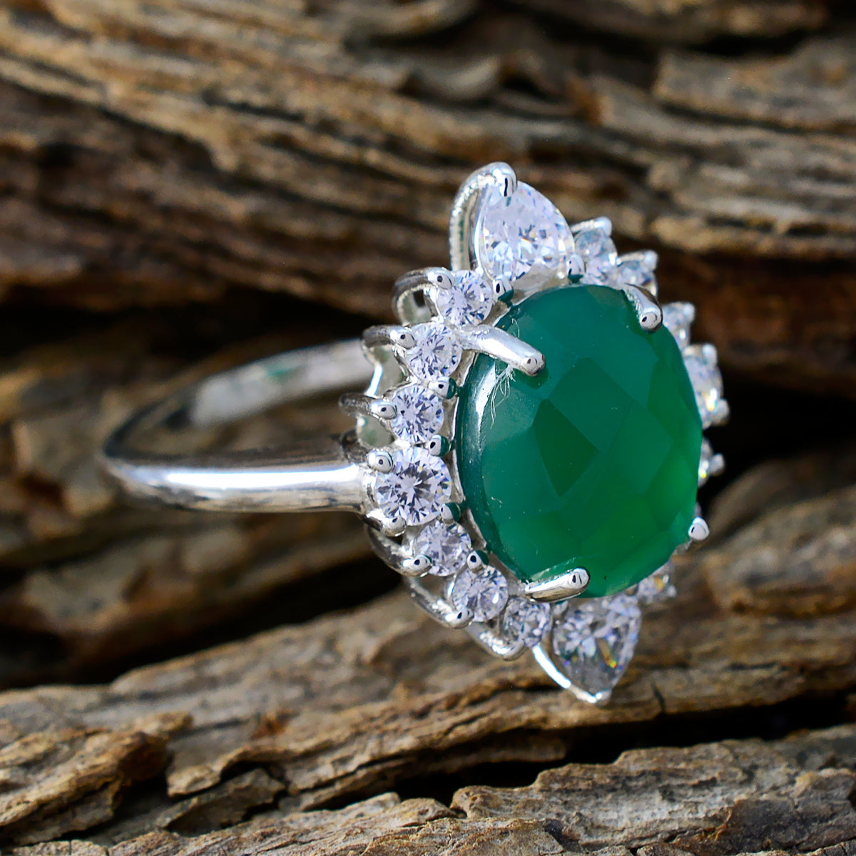 Green Onyx Halo African 925 Sterling Silver Green Gemstone Eye catching Abstract Ring Jewelry