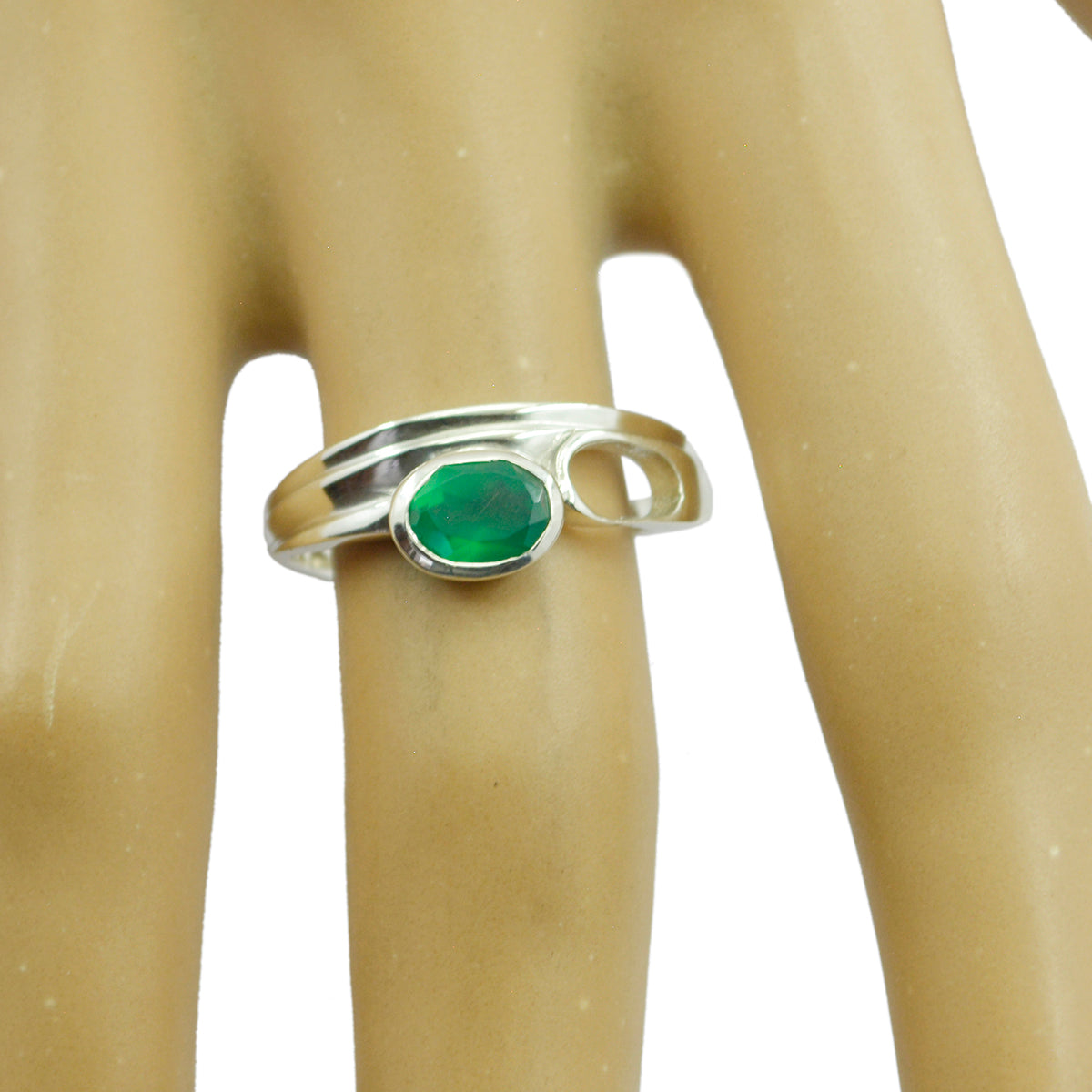 Groene Onyx Solitaire Indiaas Sterling Zilver Groene Edelstenen Vederlichte Ambachtelijke Ring Sieraden Secundaire afbeelding