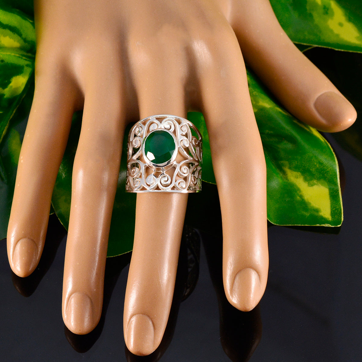 Green Onyx Solitaire Australian 925 Silver Green Gemstone Versatile Filigree  Ring Jewelry