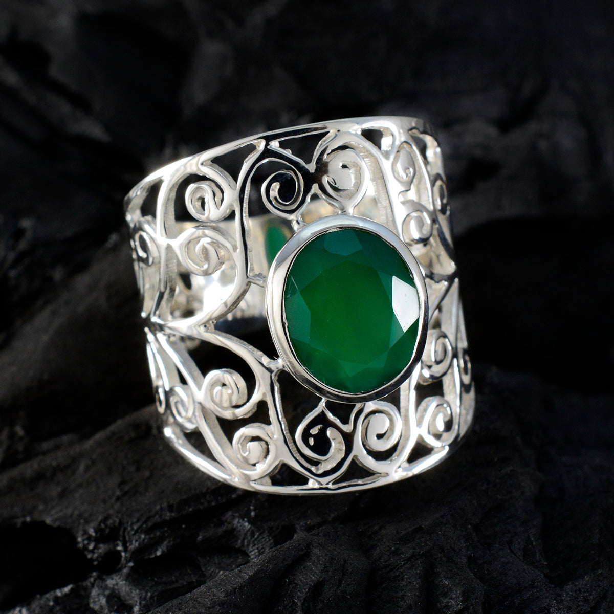 Green Onyx Solitaire Australian 925 Silver Green Gemstone Versatile Filigree  Ring Jewelry