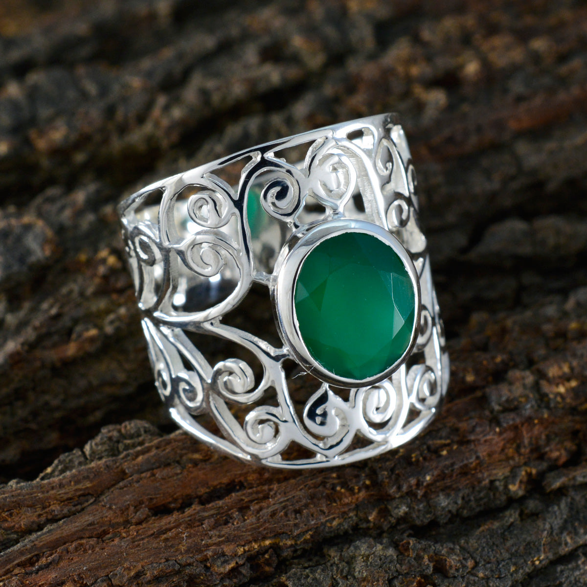 Green Onyx Solitaire Australian 925 Silver Green Gemstone Versatile Filigree  Ring Jewelry