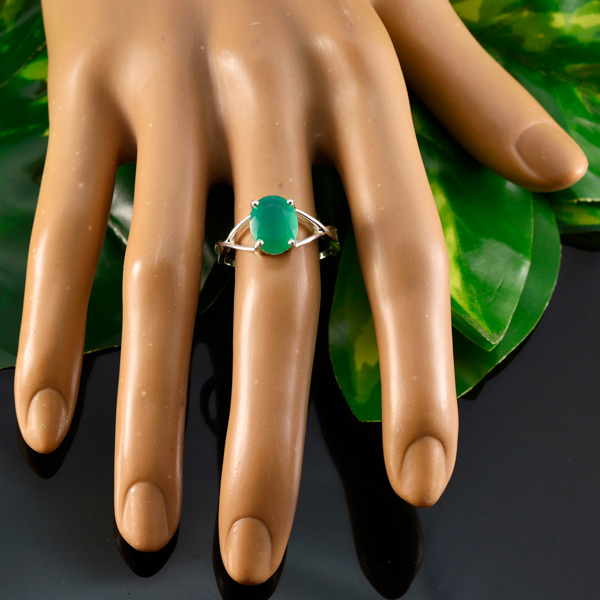 Green Onyx Solitaire Korean Silver Green Gemstone Delicate Graceful Ring Jewelry