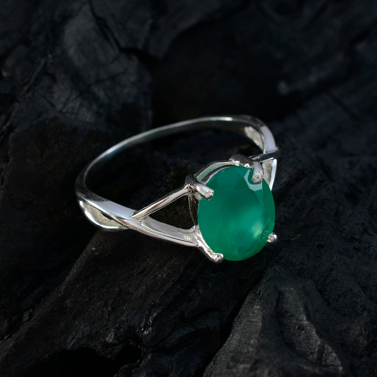 Green Onyx Solitaire Korean Silver Green Gemstone Delicate Graceful Ring Jewelry