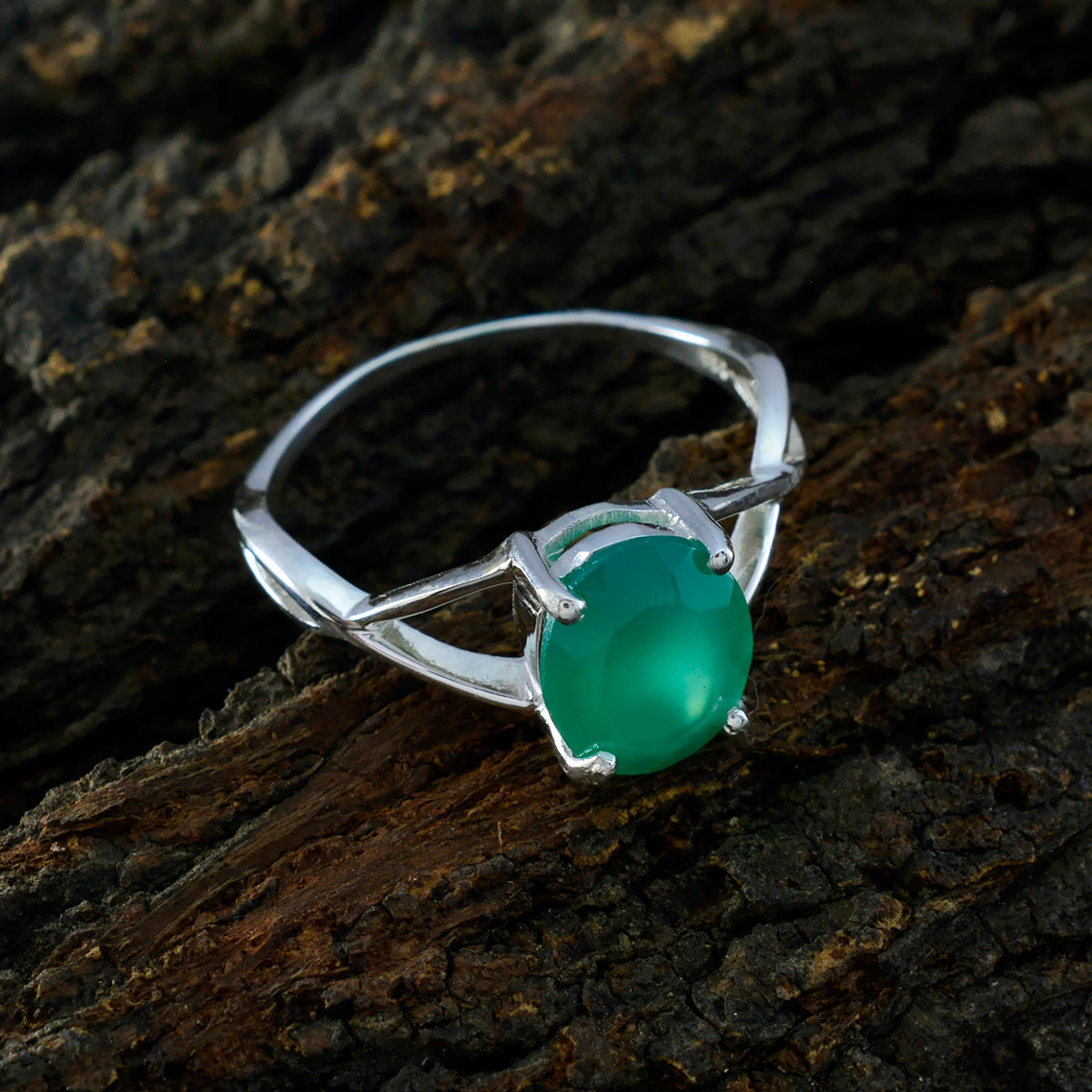 Green Onyx Solitaire Korean Silver Green Gemstone Delicate Graceful Ring Jewelry
