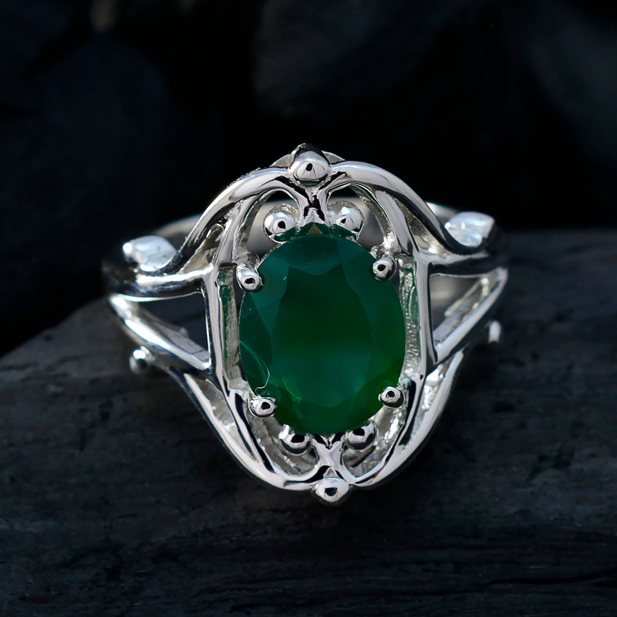 Green Onyx Solitaire Russian 925 Sterling Silver Green Gemstone Tiny Traditional Ring Jewelry