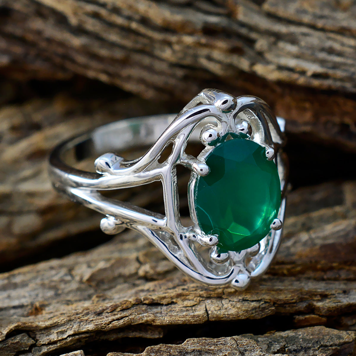 Green Onyx Solitaire Russian 925 Sterling Silver Green Gemstone Tiny Traditional Ring Jewelry