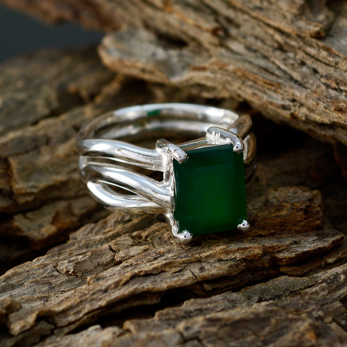 Green Onyx Solitaire French 92.5 Silver Green Gemstones Minimal Fairytale Ring Jewelry