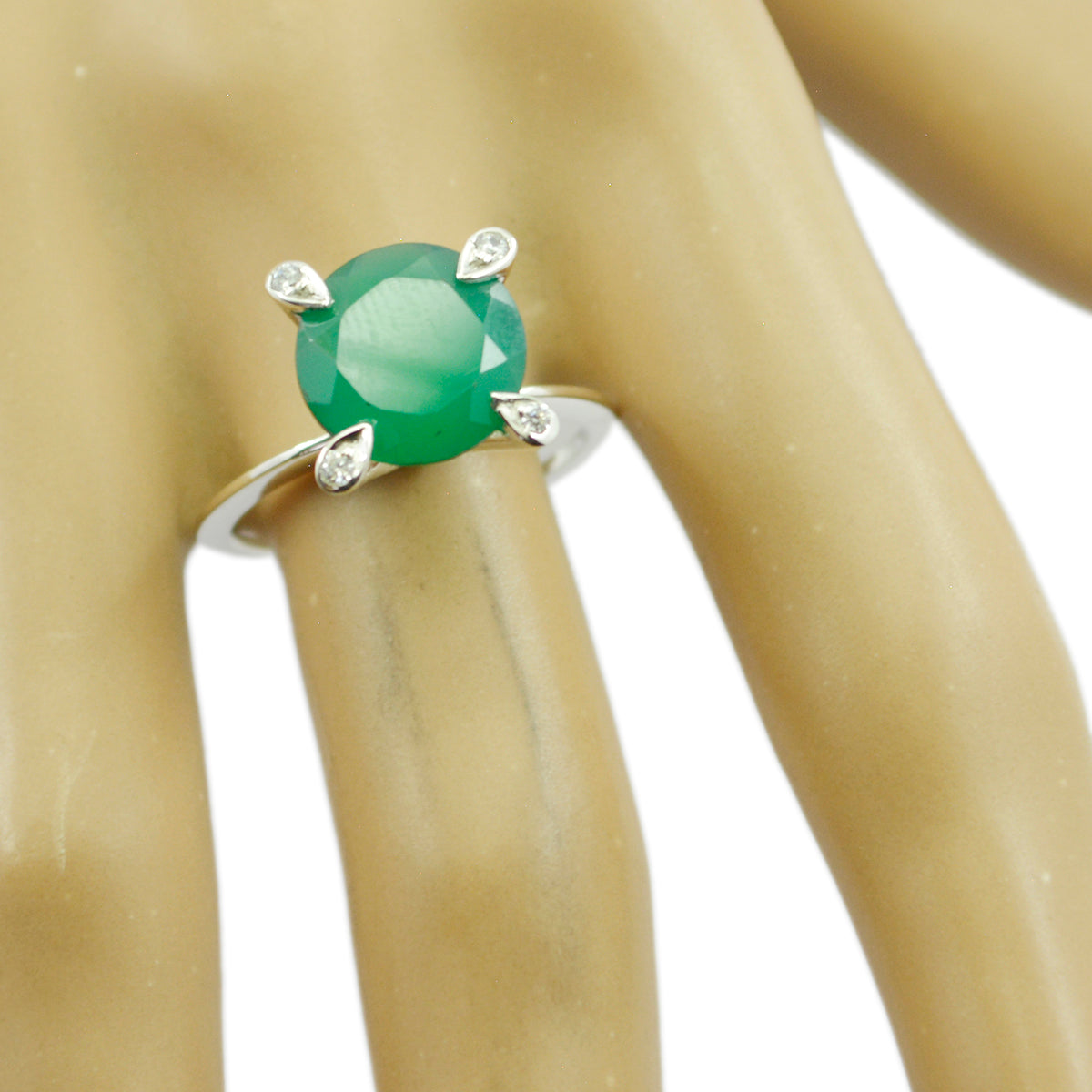 Green Onyx Halo Indian 925 Sterling Silver Green Gems Slim Modern Ring Jewellery