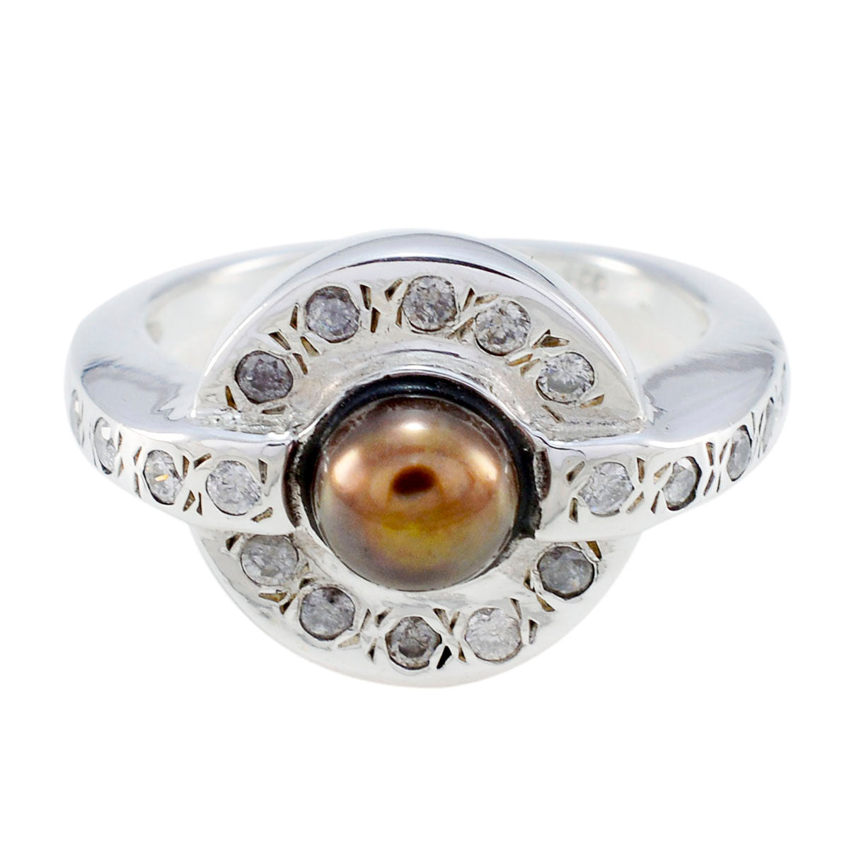 Pearl Halo Indian 925 Sterling Silver White Gemstone Mid weight Contemporary Ring Jewellery メイン画像