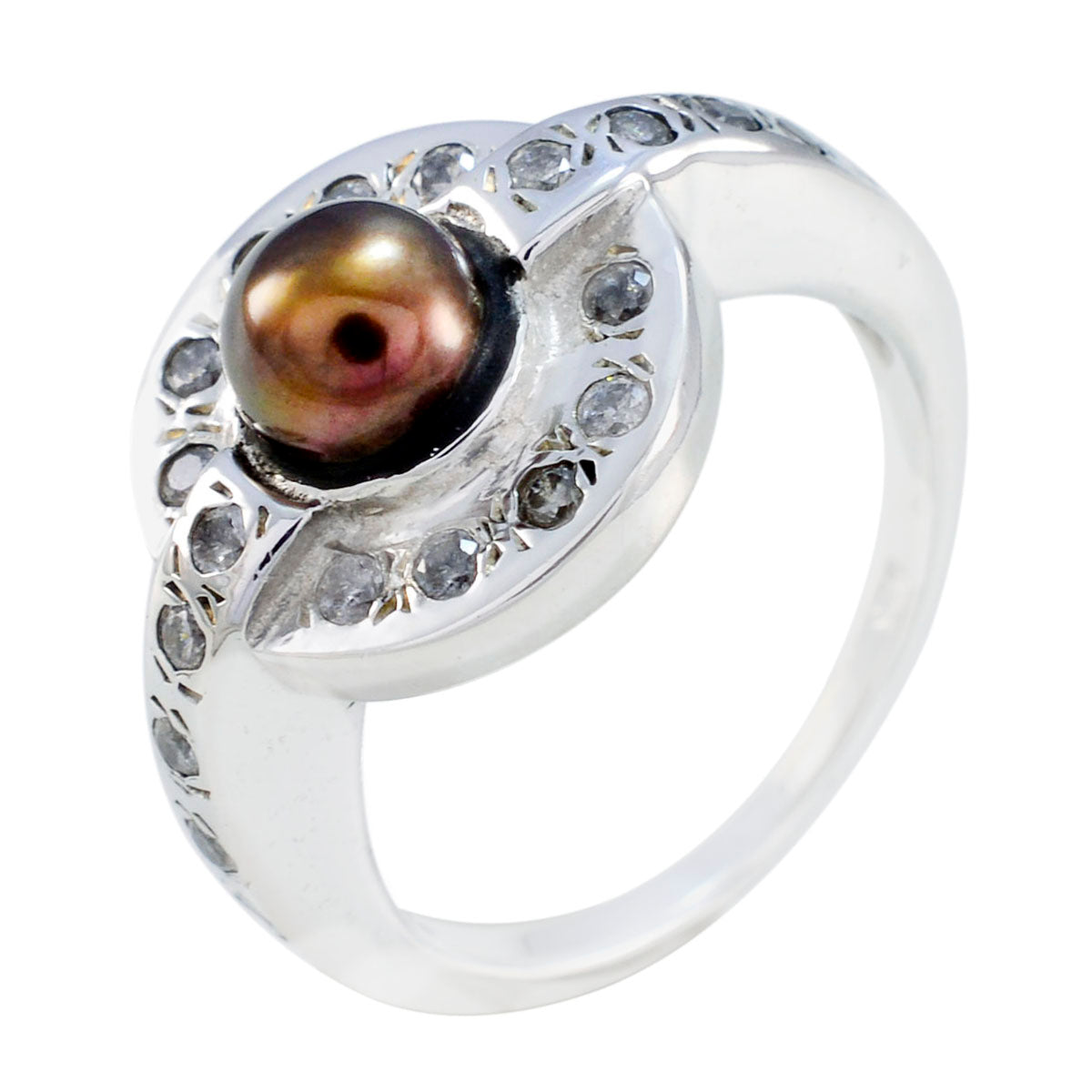 Bague contemporaine indienne en argent sterling 925 avec perles et pierres précieuses blanches, poids moyen Image secondaire du produit