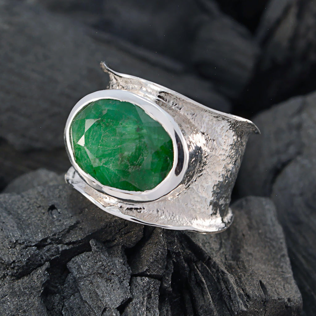 Indian Emerald Solitaire German 925 Silver Green Gems Edgy Oversized Band Jewellery