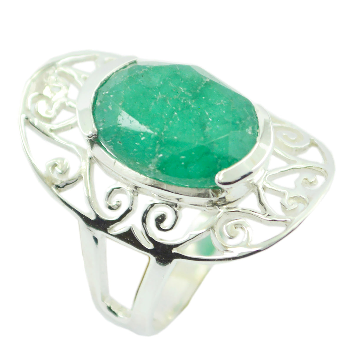 Indian Emerald Solitaire Russian 92.5 Silver Green Gems Classic Art Deco Ring Jewellery Immagine principale del prodotto
