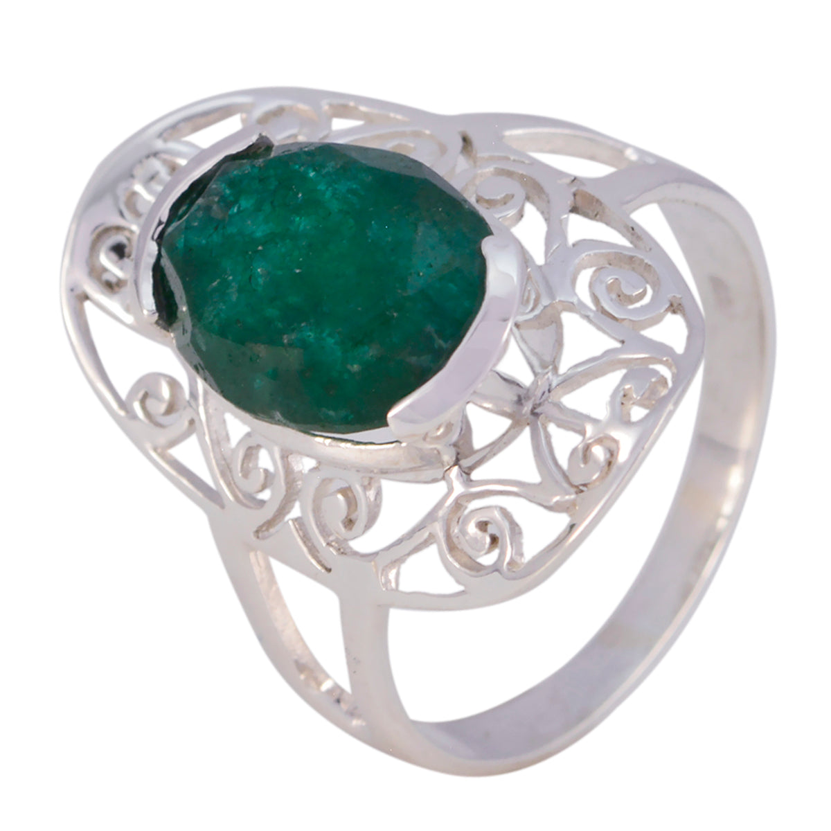 Anello Art Déco classico con solitario smeraldo indiano e gemme verdi russe in argento 92,5 Immagine secondaria del prodotto